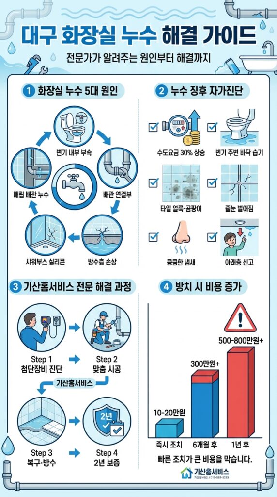 대구 화장실 누수 원인과 해결방법 | 기산홈서비스 전문 진단 시공